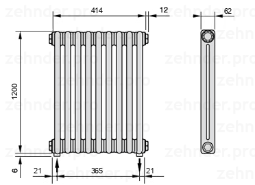 Схема (чертеж) Радиатор Zehnder Charleston 2120/9 №5310 Белый глянцевый RAL 9016